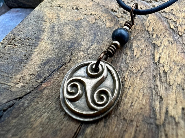 Triskele Charm, Bronze Necklace, Wax Seal Charm, Kilkenny Black, Irish Celtic Pagan, 8th Anniversary, Celtic Witch, Triskelion Triple Spiral