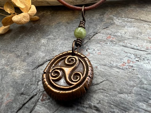 Triskele Charm, Copper Necklace, Wax Seal Charm, Connemara Marble, Irish Celtic Pagan, 7 Anniversary, Celtic Witch, Triskelion Triple Spiral