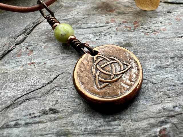 Copper Trinity Knot, Triquetra, Wax Seal Charm, Connemara Marble, Irish Celtic Jewelry, Pagan, 7th Anniversary, Triple Goddess, Celtic Witch