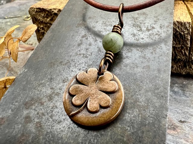 Four Leaf Heart Clover, Copper Wax Seal Charm, Connemara Marble, Irish Celtic Jewelry, 4 Leaf Clover, Lucky Charm, Leather & Vegan Cords