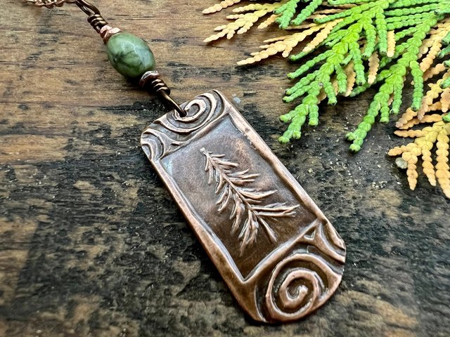 Pine Tree, Copper Pendant, Celtic Spirals, Connemara Marble, Evergreen Trees, Earthy Rustic Art Jewelry, Hand Carved, Tree of Life, Pagan