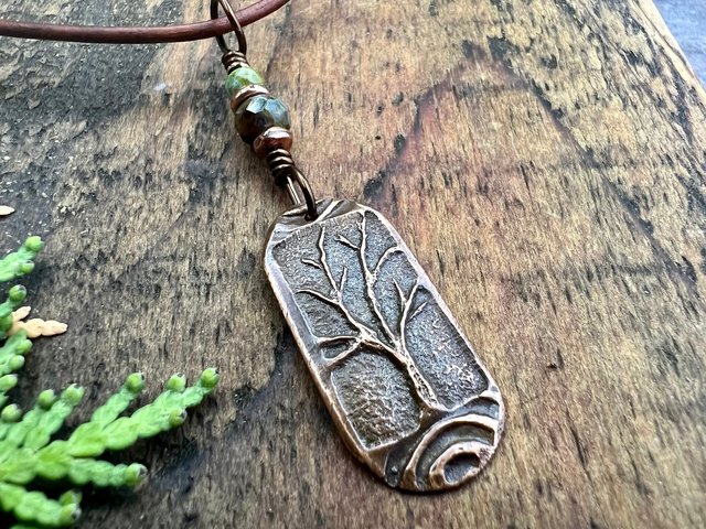 Copper Tree Pendant, Irish Celtic Spirals, One Tree, Czech Glass Beads, Leather & Vegan Cords, Earthy Rustic Jewelry, Tree Branches Roots