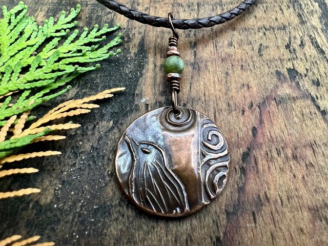 Copper Raven Pendant, Irish Celtic Jewelry, Connemara Marble, Crow Corvid, Pagan Wicca Necklace, Celtic Witch, Raven Moon, Celtic Spirals
