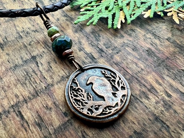 Raven Copper Pendant, Wax Seal Charm, Czech Glass Beads, Crow Corvid, Tree Branches, Pagan Samhain, Celtic Witch Jewelry, Earthy Rustic