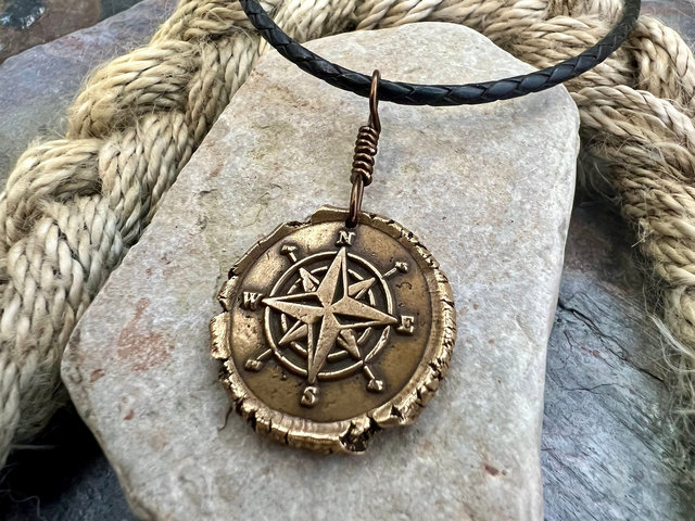 Compass Rose Charm, Bronze Compass Necklace, Nautical, Boats Sailing Sea, Protection Guidance Talisman, Men's Unisex Jewelry, Rustic Seaworn