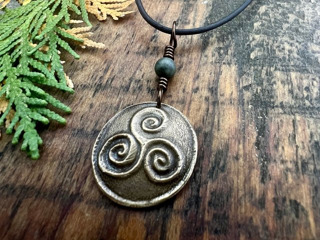 Triskele Bronze Charm, Triskelion Triple Spirals, Connemara Marble, Irish Celtic, Newgrange Spirals, Celtic Witch Goddess, Hand Carved Art
