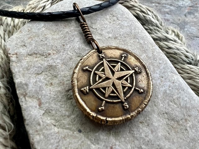 Compass Rose Charm, Bronze Compass Necklace, Nautical, Boats Sailing Sea, Protection Guidance Talisman, Men's Unisex Jewelry, Rustic Seaworn