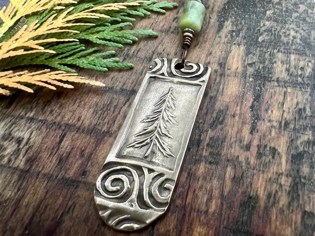 Pine Tree, Bronze Pendant, Celtic Spirals, Connemara Marble, Evergreen Trees, Earthy Rustic Art Jewelry, Hand Carved, Tree of Life, Pagan