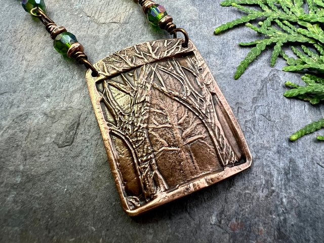 Into The Woods, Copper Tree Necklace, Green Crystal Beads, Rosary Style Beads, Celtic Green Witch, Forest Woodland Jewelry, Pagan Druid Gift