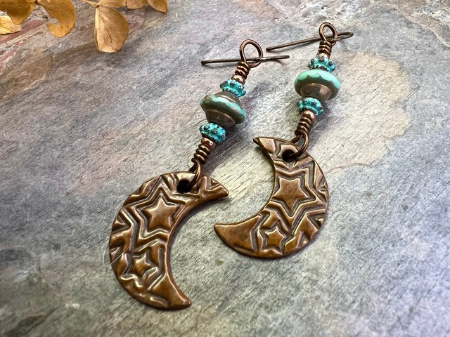 Crescent Moon Earrings, Copper Moon, Celestial Jewelry, Celtic Spirals, Witch Earrings, Pagan Spiritual, Crystal Beads, Moon Goddess