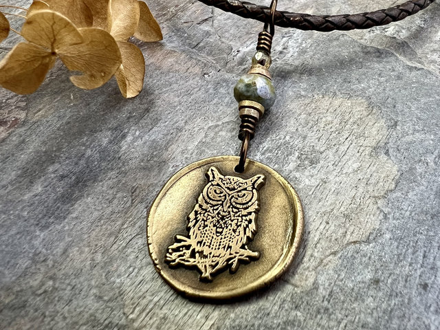 Owl Bronze Pendant, Wax Seal Charm, Czech Glass Bead, Magical Wise, Tree Branches, Pagan Samhain, Celtic Witch Jewelry, Earthy Rustic