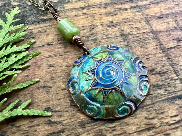 Celtic Sun Spiral Necklace, Copper Patina Pendant, Connemara Marble, Irish Celtic Spirals, Colorful Sun, Blue Green, Pagan Celtic Witch Gift