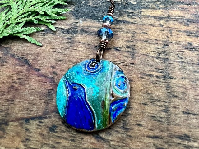 Copper Raven Pendant, Colorful Patina, Czech Glass Beads, Hand Carved, Irish Celtic Spirals, Celtic Witch Goddess, Crow Corvid Birds, Earthy