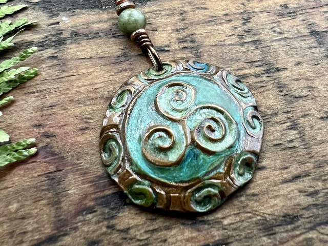 Triskele Copper Pendant, Verdigris Patina, Hand Carved, Connemara Marble, Triskelion Triple Spiral, Irish Celtic Pagan, Newgrange Ireland