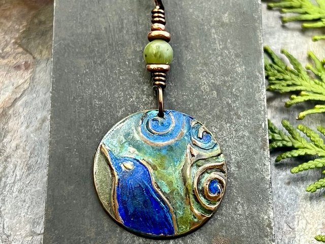 Copper Raven Pendant, Colorful Patina, Connemara Marble, Hand Carved, Irish Celtic Spirals, Celtic Witch Goddess, Crow Corvid Birds, Earthy