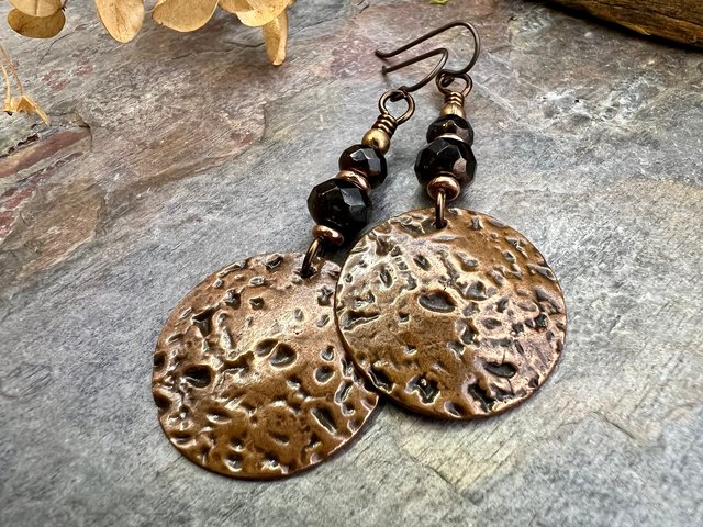 Copper Disc Earrings, Czech Glass Beads, Hypoallergenic Ear Wires, Earthy Tribal, Boho Chic Style, Large Dangle Discs, Handmade Metal Art