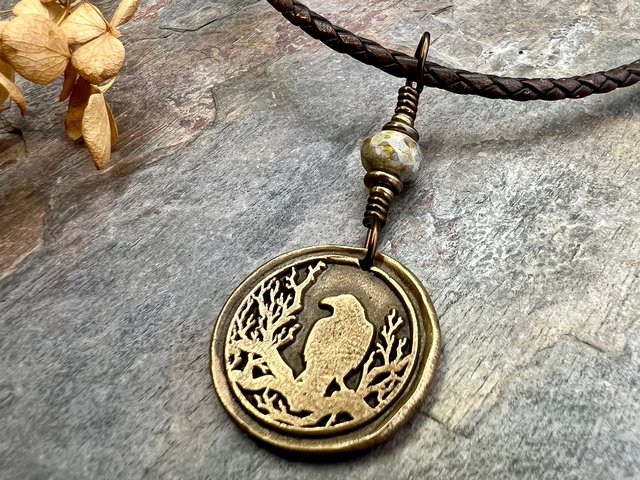 Raven Bronze Pendant, Wax Seal Charm, Czech Glass Bead, Crow Corvid, Tree Branches, Pagan Samhain, Celtic Witch Jewelry, Earthy Rustic