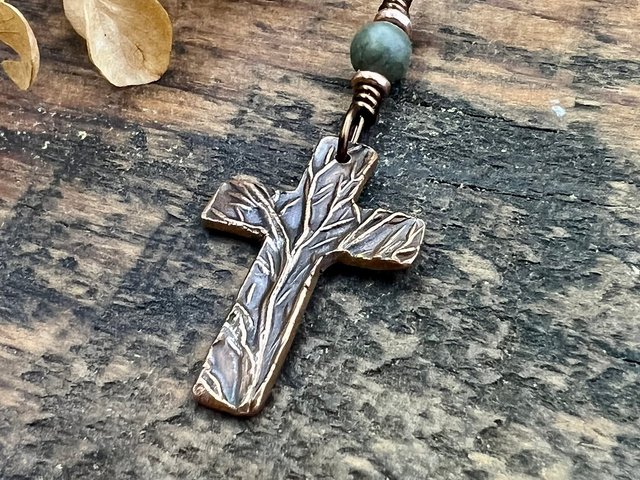 Tree Cross Charm, Copper Pendant, Tree Branches, Connemara Marble, Irish Celtic, Leather & Vegan Cords, Handmade Art Jewelry, Tree of Life