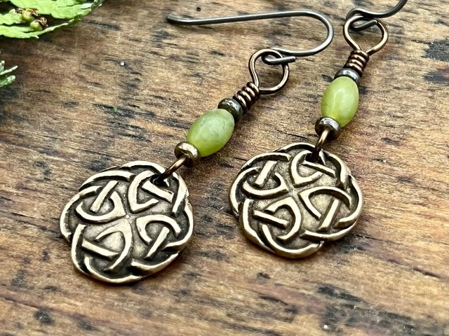 Celtic Knotwork, Bronze Earrings, Irish Celtic Jewelry, Connemara Marble, Hypoallergenic, Niobium Ear Wires, St Patrick's Day, Eternity, Triple Goddess