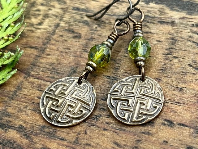 Celtic Knot, Bronze Earrings, Irish Celtic Jewelry, Green Czech Glass, Celtic Knots, St Patrick's Day, Eternity, Triple Goddess