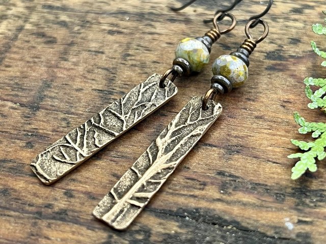 Tree Branch Earrings, Long Bronze Earrings, Czech Glass Beads, Green Witch, Pagan Celtic Druid, Earthy Organic, Handcrafted Art Jewelry