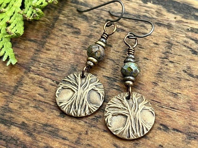 Tree of Life Earrings, Bronze Discs, Czech Glass Beads, Hypoallergenic Ear Wires, Earthy Jewelry, Hand Carved Trees, Boho Chic Style