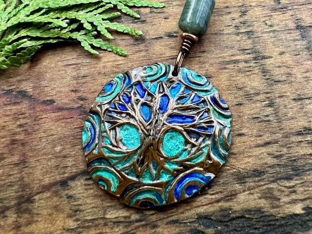 Tree of Life Pendant, Copper Colorful Patina, Connemara Marble, Hand Carved, Irish Celtic Spirals, Celtic Witch Goddess, Ancient Earthy Art