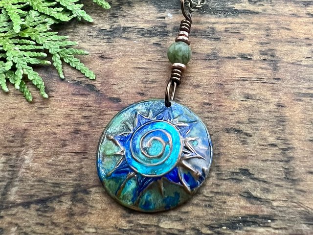 Celtic Sun Spiral Necklace, Copper Patina Pendant, Connemara Marble, Irish Celtic Spirals, Colorful Sun, Blue Green, Pagan Celtic Witch Gift