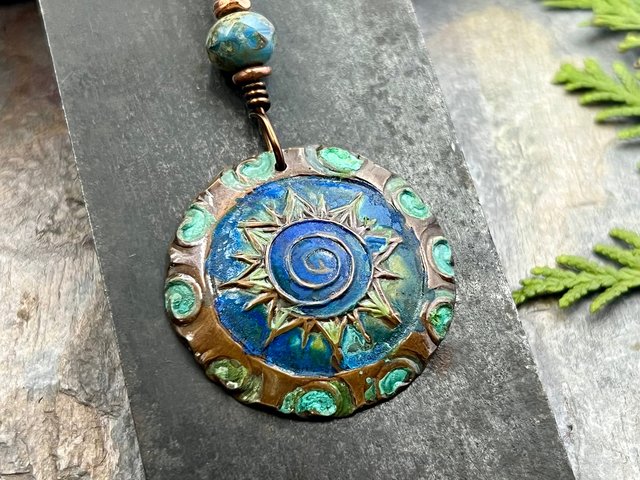 Celtic Sun Spiral Necklace, Copper Patina Pendant, Czech Glass Bead, Irish Celtic Spirals, Colorful Sun, Blue Green, Pagan Celtic Witch Gift