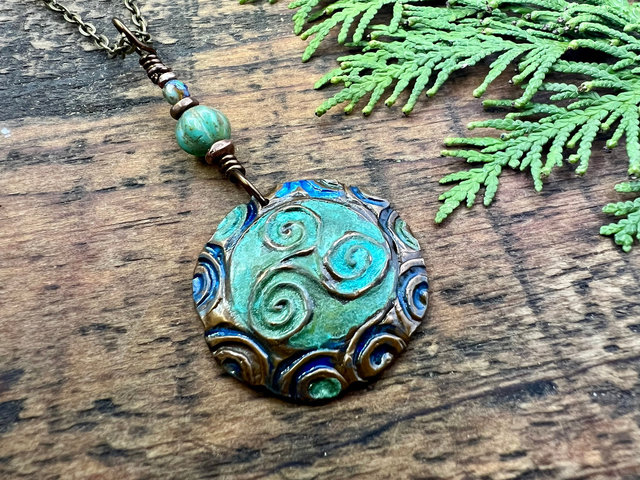 Triskele Copper Pendant, Verdigris Patina, Hand Carved, Connemara Marble, Triskelion Triple Spiral, Irish Celtic Pagan, Newgrange Ireland