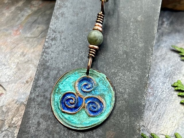 Triskele Copper Pendant, Verdigris Patina, Hand Carved, Connemara Marble, Triskelion Triple Spiral, Irish Celtic Pagan, Newgrange Ireland