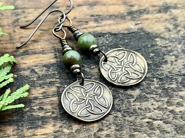 Trinity Knot Bronze Earrings, Triquetra, Irish Celtic Jewelry, Connemara Marble, Celtic Knots, St Patricks Day, Eternity, Triple Goddess