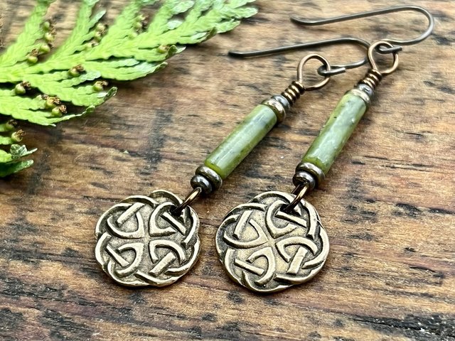 Celtic Knot, Bronze Earrings, Irish Celtic Jewelry, Connemara Marble, Hypoallergenic, Niobium Ear Wires, St Patrick's Day, Eternity, Triple Goddess
