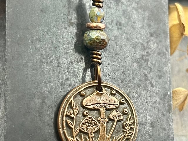 Mushroom Copper Pendant, Wax Seal Charm, Czech Glass Beads, Green Witch Jewelry, Earthy Rustic, Fungi Necklace, Leather and Vegan Cords