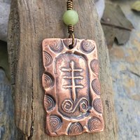 Heather Ogham Charm, Copper Pendant, Connemara Marble, Hand Carved Art, Druid Sacred Trees, Leather & Vegan Cords, Irish Celtic Spirals