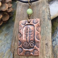 Heather Ogham Charm, Copper Pendant, Connemara Marble, Hand Carved Art, Druid Sacred Trees, Leather & Vegan Cords, Irish Celtic Spirals