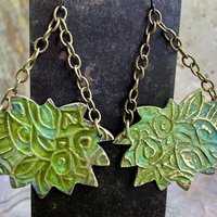 Lotus & Chain Earrings, Bronze Verdigris Patina, Large Statement Earrings, Hand Carved, Hypoallergenic Ear Wires, Handmade Art Jewelry