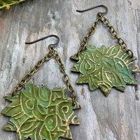 Lotus & Chain Earrings, Bronze Verdigris Patina, Large Statement Earrings, Hand Carved, Hypoallergenic Ear Wires, Handmade Art Jewelry