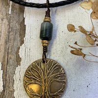 Celtic Tree of Life Charm, Bronze Pendant, Connemara Marble, Irish Celtic Jewelry, Hand Carved Art, Crann Bethadh, Leather & Vegan Cords