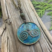 Triskele Pendant, Triskelion, Triple Spiral, Copper Patina, Irish Celtic Jewelry, Connemara Marble, Pagan Wicca, Triple Goddess Charm