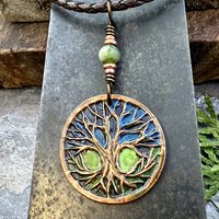 Celtic Tree of Life, Round Copper Pendant, Colorful Patina, Connemara Marble, Irish Celtic Spirals, Celtic Witch Goddess, Earthy Art Jewelry