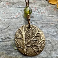 Tree of Life Charm, Bronze Necklace, Tree Branches, Czech Glass Bead, Disc Charm Pendant, Hand Carved, Celtic Witch, Pagan Druid, Earth Love