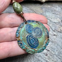 Newgrange Spirals, Copper Pendant, Connemara Marble, Triple Spiral, Irish Celtic Jewelry, Verdigris Patina, Blue Green Copper, Pagan Witch