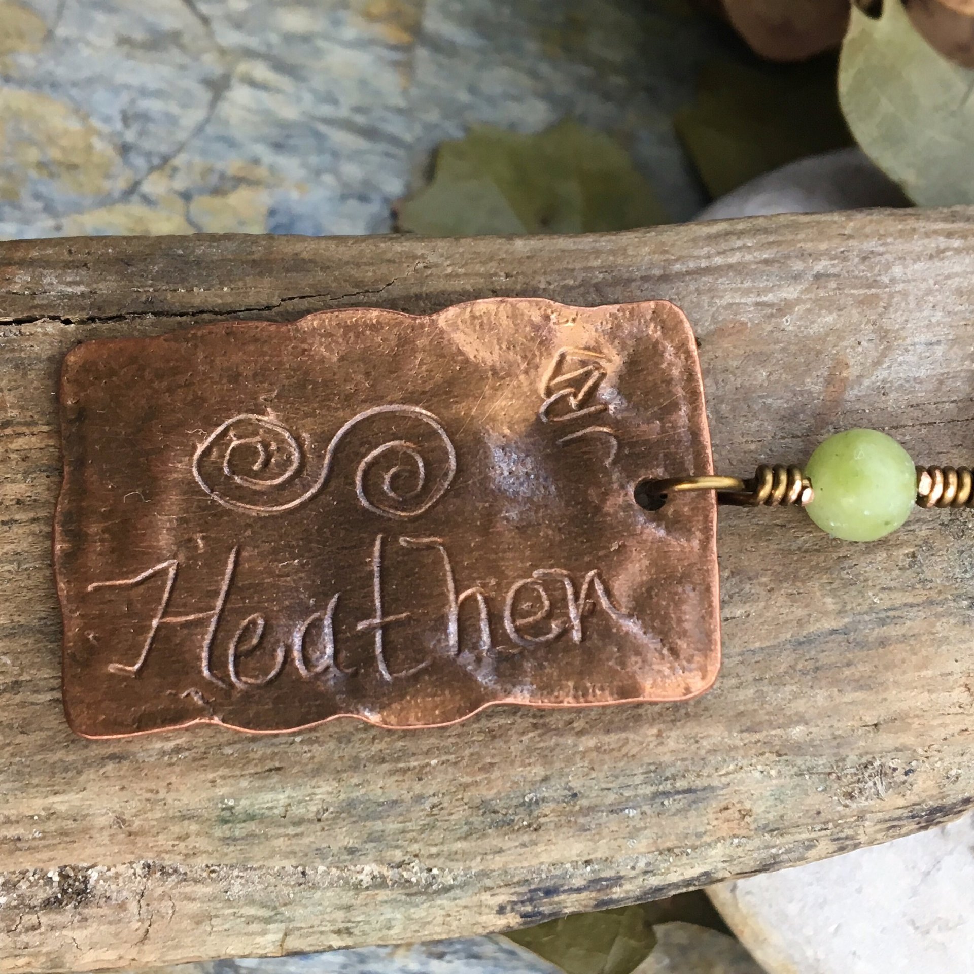 Heather Ogham Charm, Copper Pendant, Connemara Marble, Hand Carved Art, Druid Sacred Trees, Leather & Vegan Cords, Irish Celtic Spirals