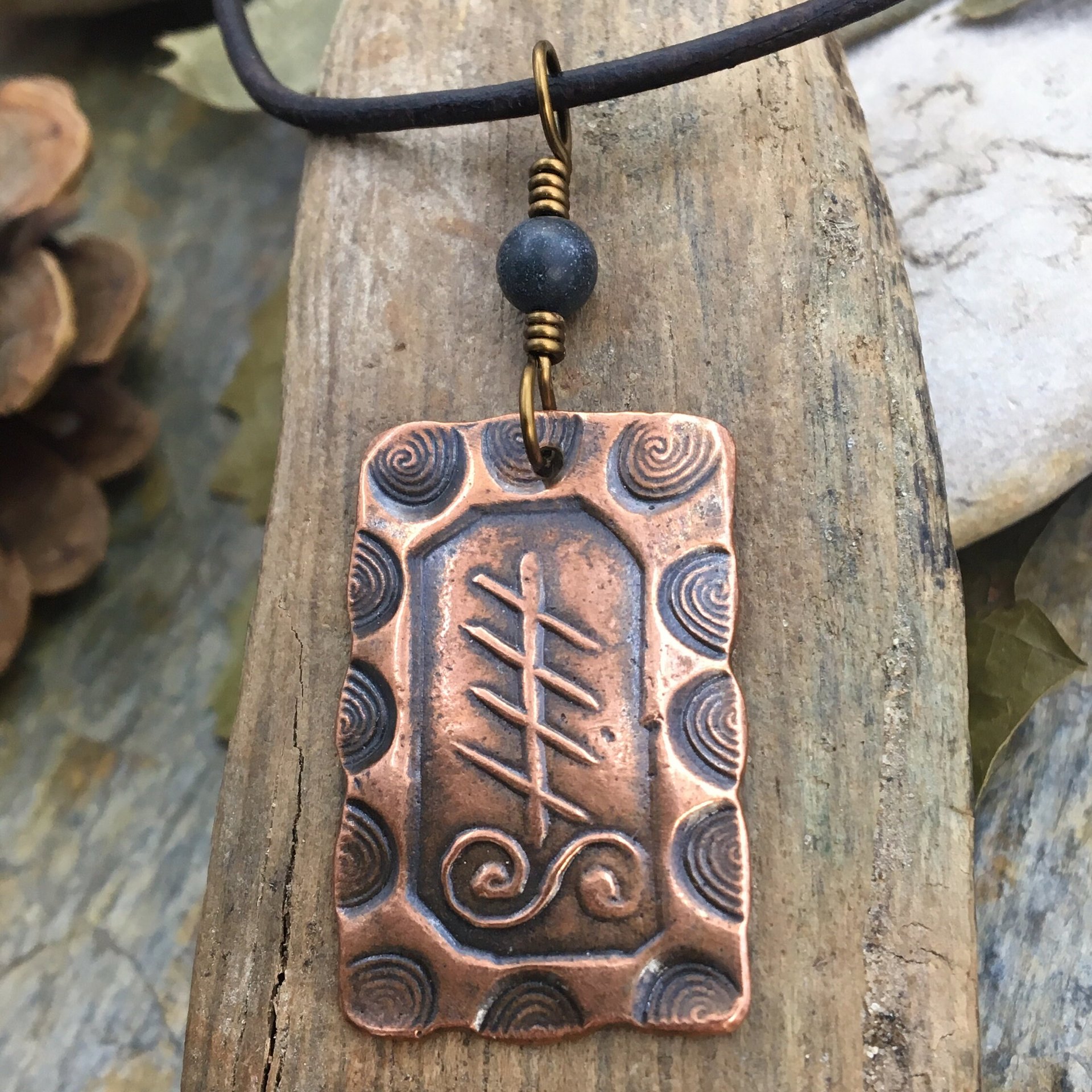 Blackthorn Tree Ogham Charm, Copper Pendant, Connemara Marble, Hand Carved, Irish Celtic Spirals, Druid Sacred Trees, Leather & Vegan Cords