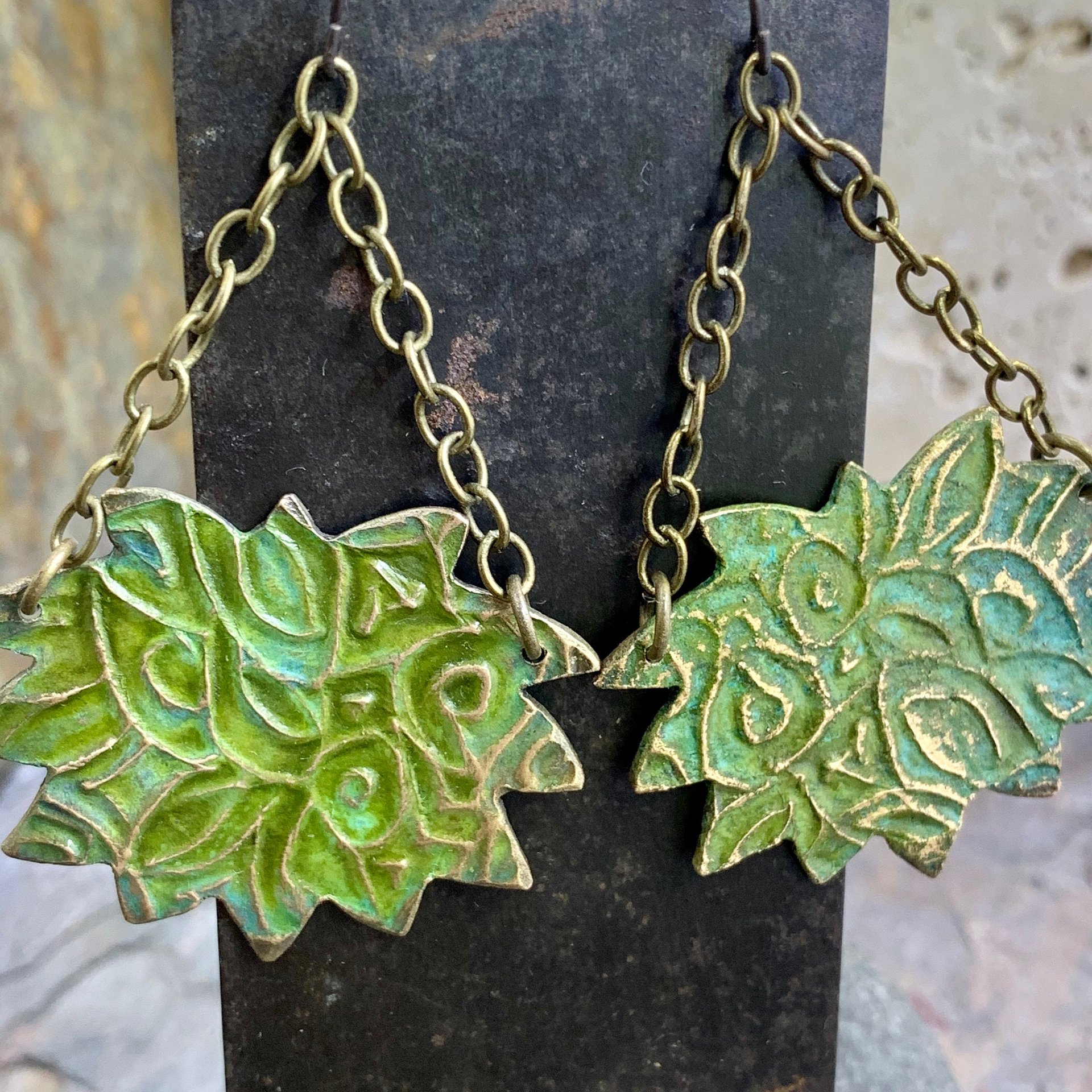 Lotus & Chain Earrings, Bronze Verdigris Patina, Large Statement Earrings, Hand Carved, Hypoallergenic Ear Wires, Handmade Art Jewelry