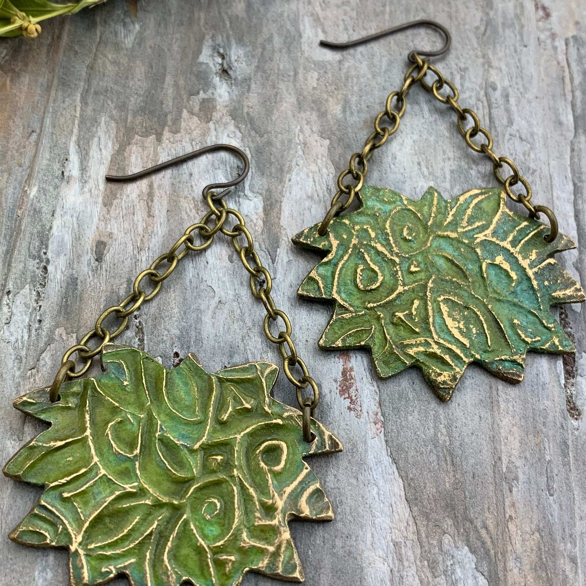 Lotus & Chain Earrings, Bronze Verdigris Patina, Large Statement Earrings, Hand Carved, Hypoallergenic Ear Wires, Handmade Art Jewelry