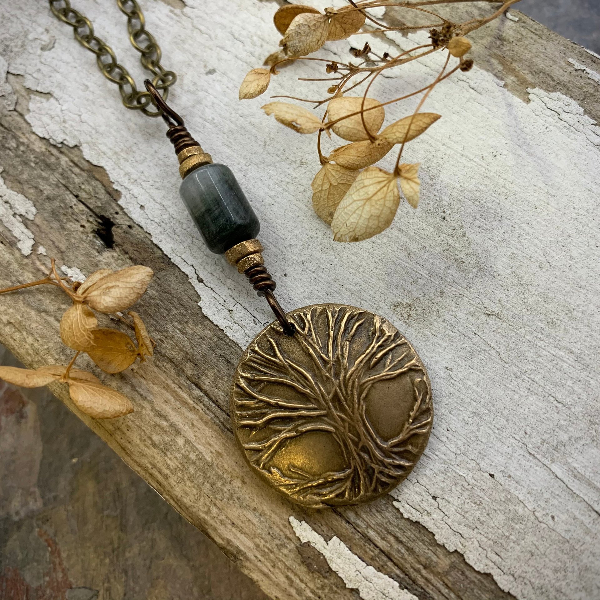 Celtic Tree of Life Charm, Bronze Pendant, Connemara Marble, Irish Celtic Jewelry, Hand Carved Art, Crann Bethadh, Leather & Vegan Cords