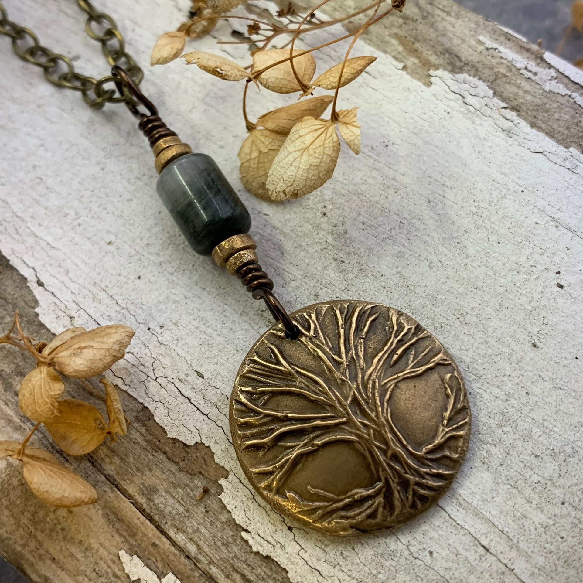 Celtic Tree of Life Charm, Bronze Pendant, Connemara Marble, Irish Celtic Jewelry, Hand Carved Art, Crann Bethadh, Leather & Vegan Cords