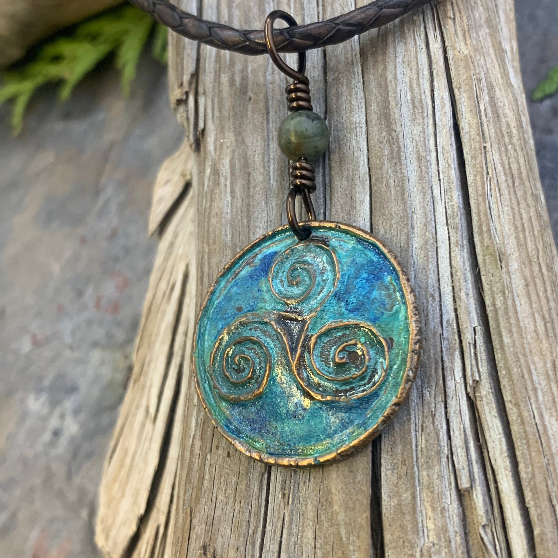 Triskele Pendant, Triskelion, Triple Spiral, Copper Patina, Irish Celtic Jewelry, Connemara Marble, Pagan Wicca, Triple Goddess Charm